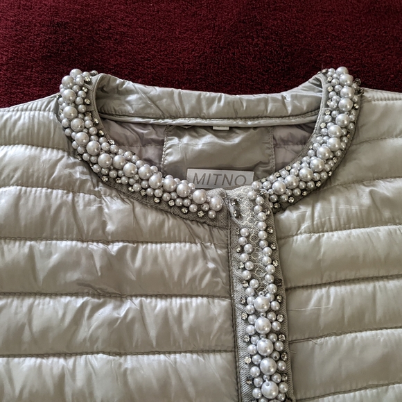 Italian Pearl Trimmed Gray Slim Puffer Jacket Size XL - Picture 6 of 14